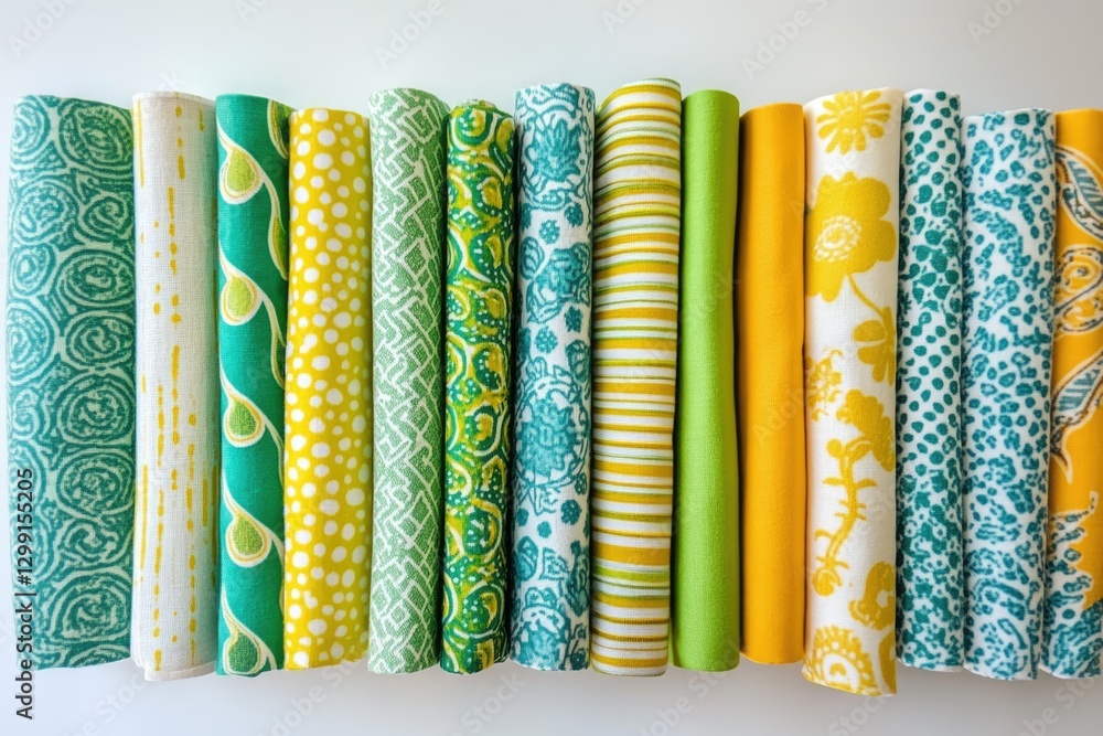 Poster a collection of vibrant green and yellow fabric rolls with various patterns, showcasing a cheerful a
