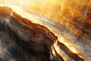 Golden sunlight illuminates the layered texture of a rock formation, revealing intricate details and a sense of depth.