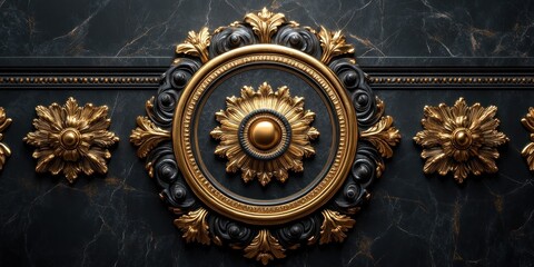 Opulent Gold and Black Rococo Ornament on Marble
