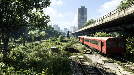 Obraz premium Abandoned Train on Railway with Overgrown Vegetation in Urban Landscape