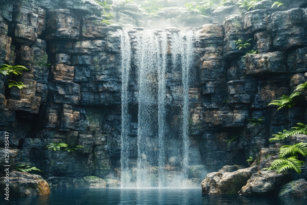 Poster serene waterfall cascading down a moss-covered cliff face in a lush, green jungle setting.