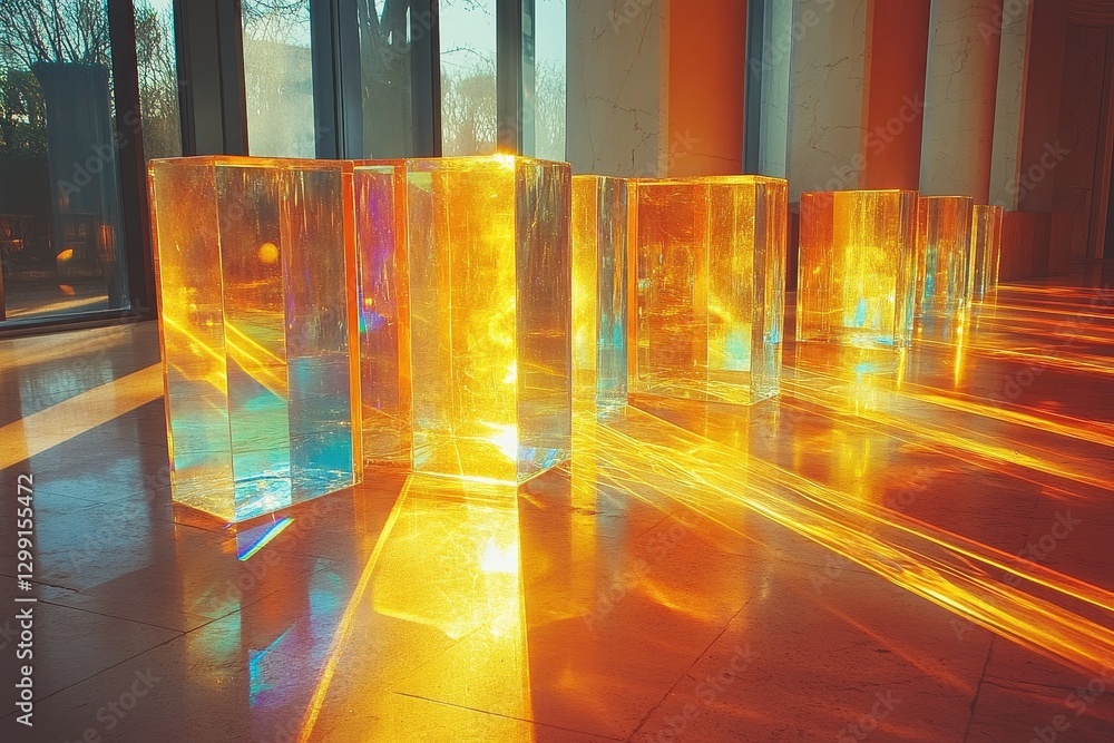 Aufkleber light interacts with transparent blocks creating vibrant reflections in a modern interior space duri