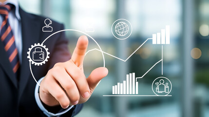 Quality and cost optimization for products or services to improve customer satisfaction and enhance company performance. Person touching concept. Successful corporate strategy and management.