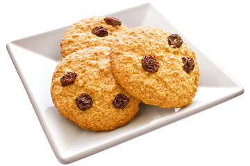 prato com cookie integral com uvas passas isolado em fundo transparente