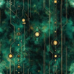 Seamless Pattern - Emerald circuitry: golden lines flow over a textured green background.