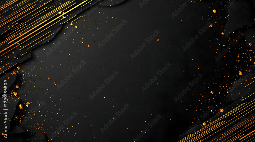 Poster abstract black background with golden glittering dot and fragmented geometric border
