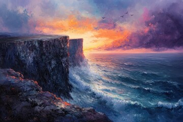 Fototapeta premium Dramatic sunset over a rugged cliff face, waves crashing against the rocks, birds flying in the sky.