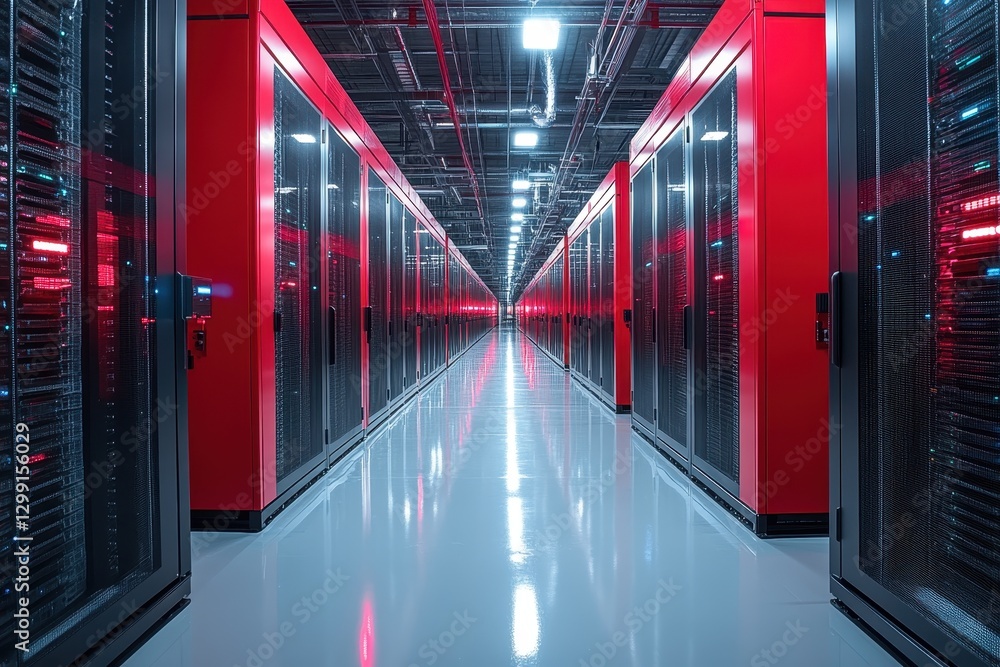 Poster high-tech server room with illuminated aisles and sleek design in a modern data center