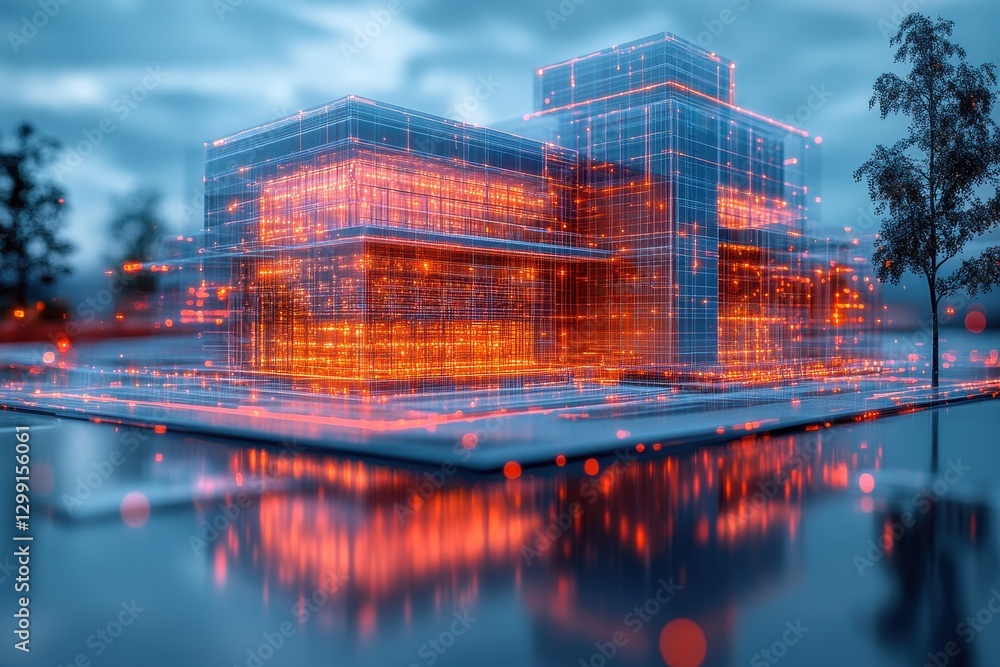 Aufkleber futuristic building design illuminated by digital patterns at dusk in an urban setting