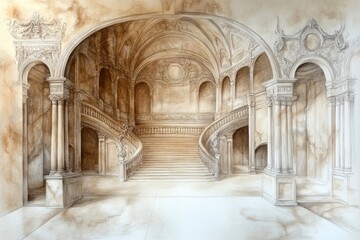Fototapeta premium Sepia Drawing of Grand Staircase in Ornate Historical Building