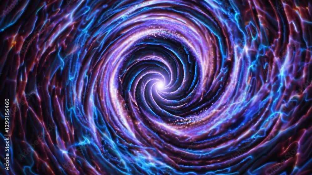 Poster bright swirling energy vortex creating a cosmic tunnel effect with glowing particles and vibrant col