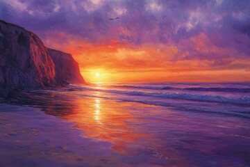 Vibrant sunset paints the sky with fiery oranges and purples over a tranquil ocean beach.