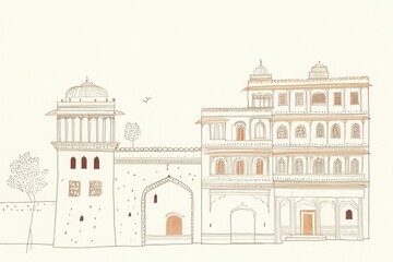 Sepia Drawing of Old Buildings Architectural Details