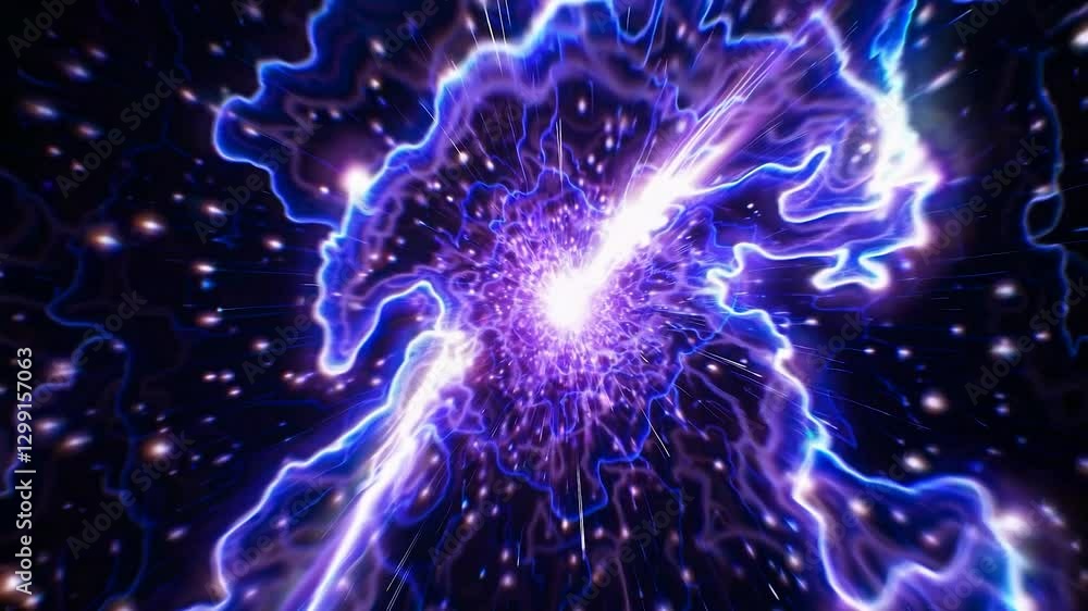 Poster electric energy is exploding in the deep space generating a bright white light and many blue and whi
