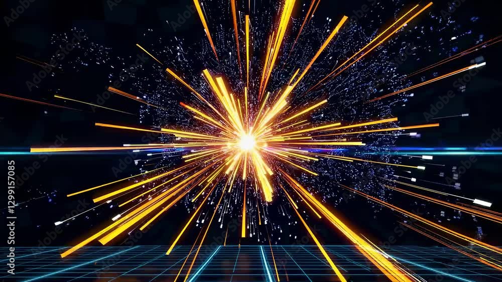 Poster dynamic video of bright, glowing lines radiating from a central point, viewed from a low angle, crea