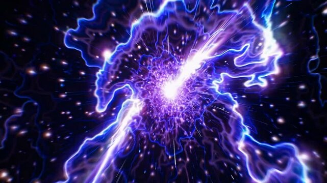 Electric energy is exploding in the deep space generating a bright white light and many blue and white sparks, creating a beautiful and powerful abstract background