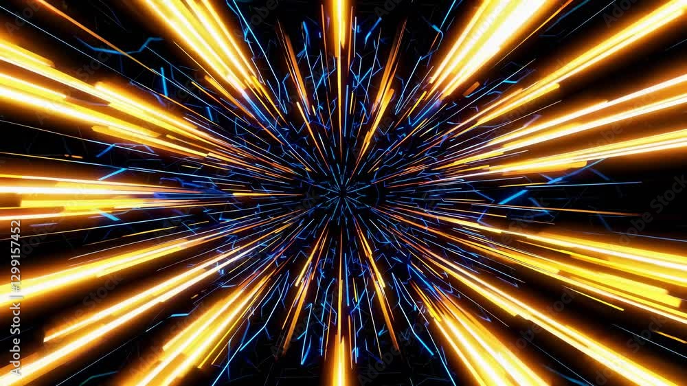 Poster dynamic video concept with a futuristic style, featuring a vanishing point perspective of glowing li