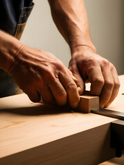 Obraz premium Skilled woodworker focuses intently on shaping a wooden block with precision in a well-lit workshop, showcasing craftsmanship and dedication to the craft
