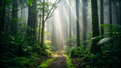 Fototapeta premium Morning light filtering through dense tropical jungle nature scene lush greenery serene environment captivating view