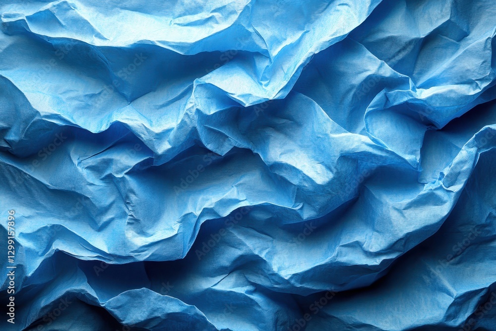 Poster crumpled blue paper texture with intricate folds and shadows, showcasing depth and dimension in a cr