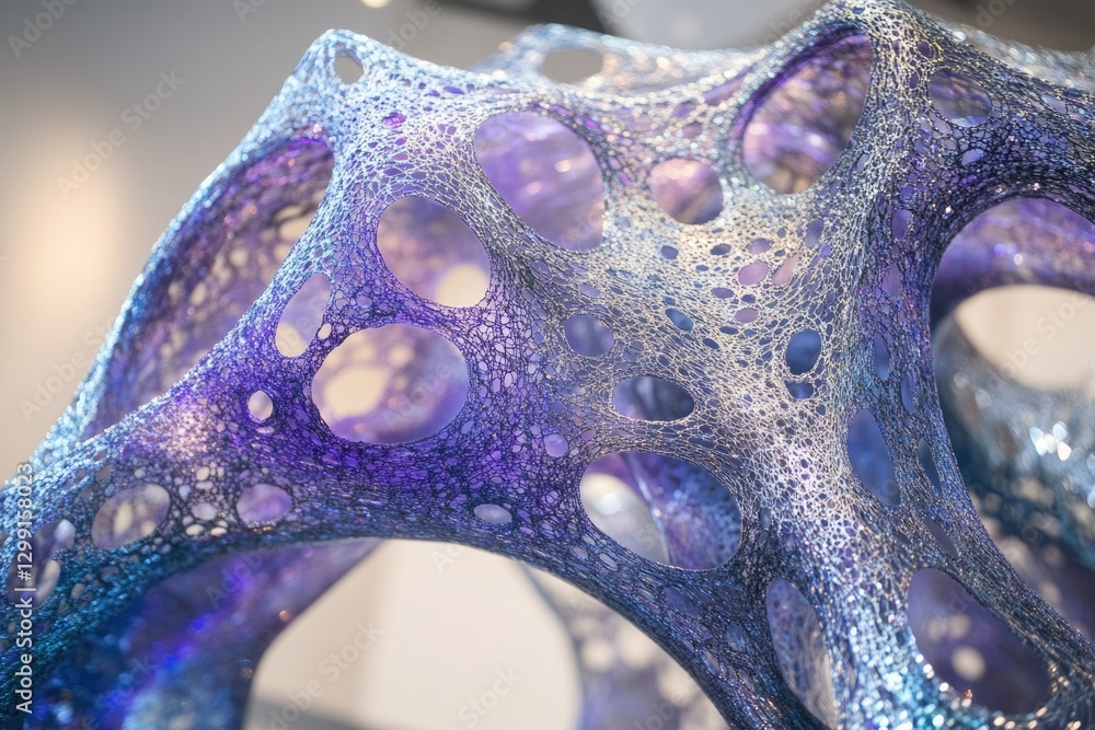 Poster intricate, iridescent net-like sculpture with organic, porous forms. a captivating blend of art and 