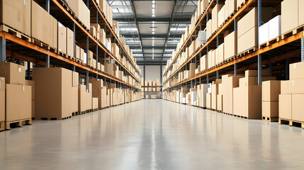 Interior View Of A Large Warehouse With Rows Of Shelves Filled With Cardboard Boxes Under Bright Fluorescent Lighting
