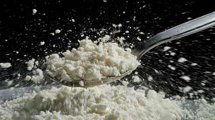 Spoonful of Crushed Medicine Fine Powder Falling from Edges