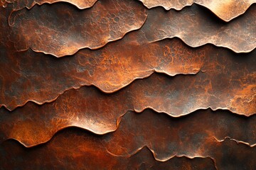 Abstract copper texture with undulating, layered waves, showcasing rich, dark brown and orange tones.