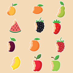 A collection of colorful fruit and berry stickers with bite marks, featuring apples, oranges, strawberries, watermelon, and more, set against a light beige background in a playful and modern design.