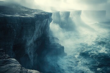 Dramatic coastal cliffs battered by a fierce storm, sea spray obscuring the view.