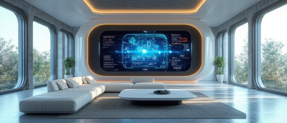 modern, futuristic living room with window, smart home, screens, digital, futuristic architecture concept, architectural inspiration, design idea