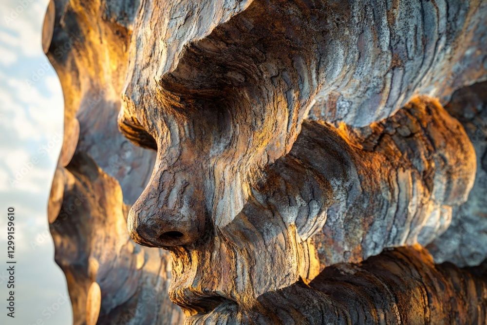 Poster close-up of a weathered wooden sculpture resembling a face, showing intricate detail and texture.