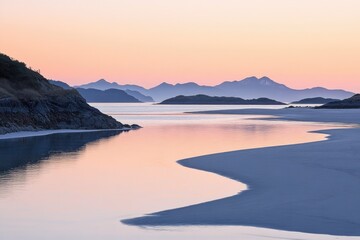 Fototapeta premium Serene sunset over tranquil bay, mountains silhouetted against pastel sky. Peaceful coastal landscape.