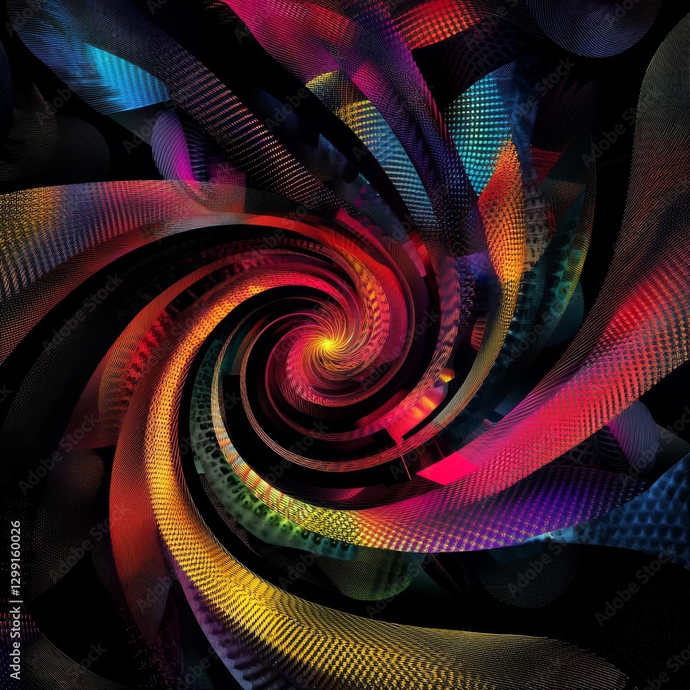 Poster vibrant swirl: an abstract, energetic vortex of colorful, textured lines radiating from a central go