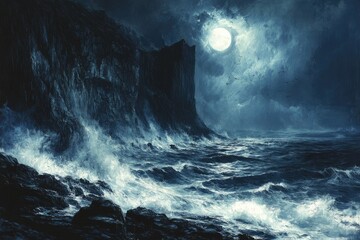 Fototapeta premium Dark, stormy ocean crashing against a cliff face under a full moon, evoking a sense of mystery and awe.