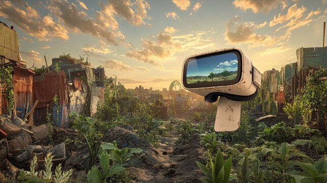 Futuristic VR headset hovering over a post-apocalyptic landscape with vibrant greenery and clouds