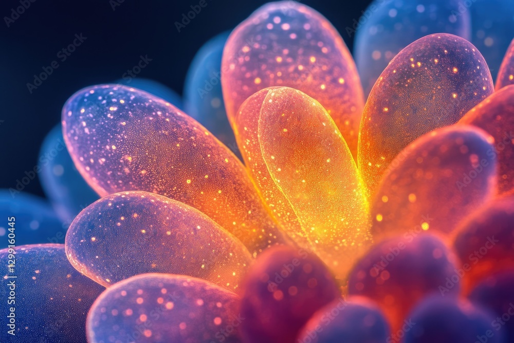 Poster abstract close-up of a vibrant, glowing flower with translucent petals and sparkling texture.