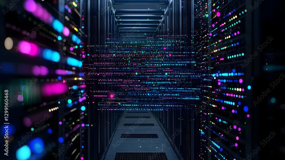 Poster Data Center Server Racks With Illuminated Digital Information Displaying Technology