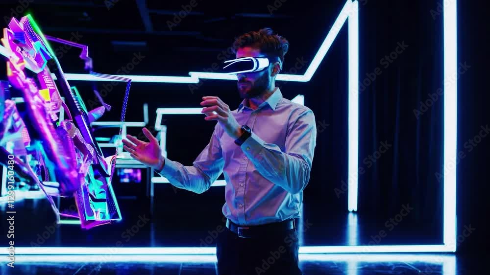 Poster software engineer wearing a vr headset interacts with a holographic interface, manipulating data and