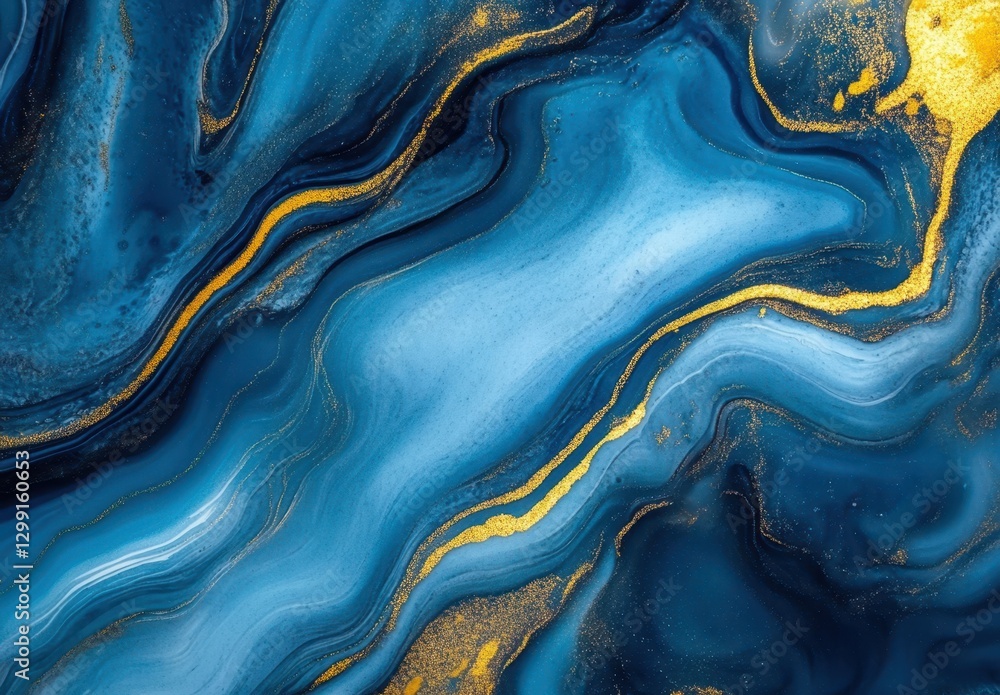 Poster abstract blue and gold fluid art design with flowing waves and shimmering textures creating a stunni