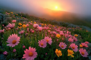 Obraz premium Vibrant wildflowers blossom in a misty meadow at sunset, creating a breathtaking landscape.