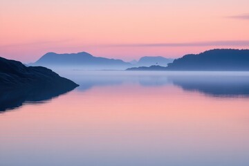 Serene landscape at dawn, misty mountains reflected in calm water, pastel hues.