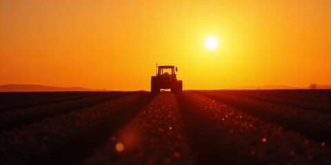 Fototapeta premium Golden sunrise over a tranquil farm field, featuring a silhouetted tractor, symbolizing the essence of modern agriculture and food production.