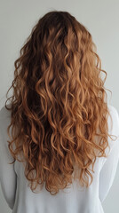 Naklejka premium Woman with long curly hair facing away from camera, showcasing natural texture in soft lighting. Generative AI