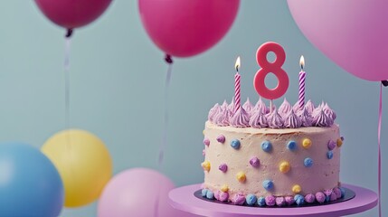 Colorful birthday cake with number 8 candle, pastel frosting, and balloons in a festive party setting