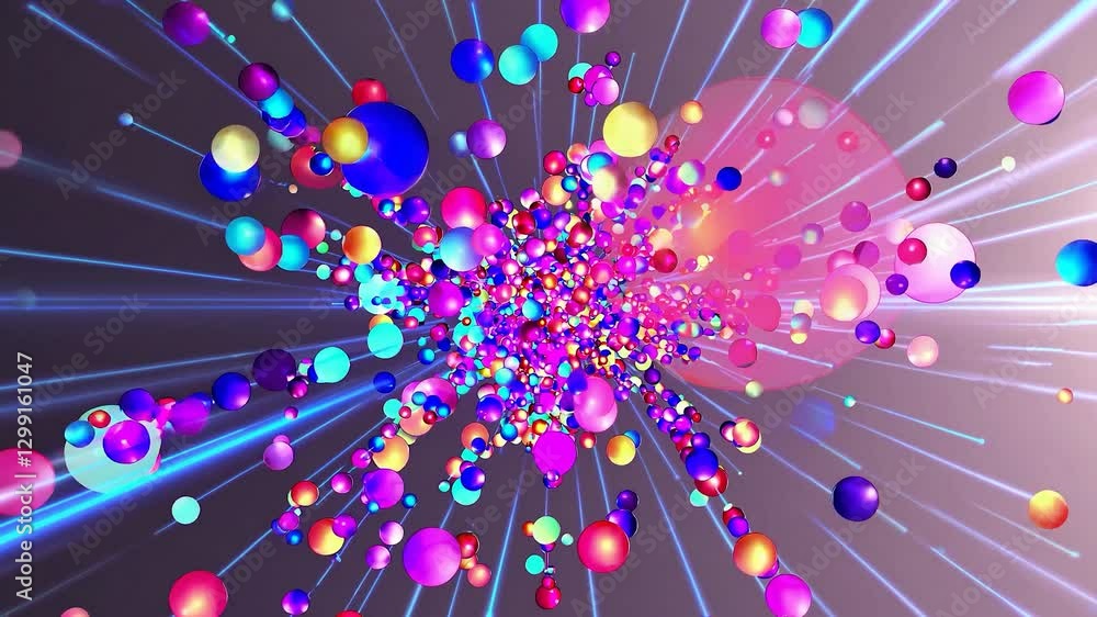 Poster multicolored spheres explode outwards, creating a vibrant spectacle of light and motion against a so