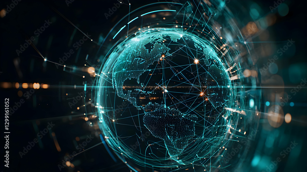 Poster digital globe visualization with glowing blue lines and dots representing worldwide connections