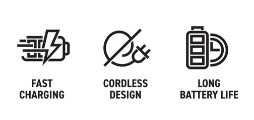 Battery powered device bold icons - Long life, Cordless design, Fast charging