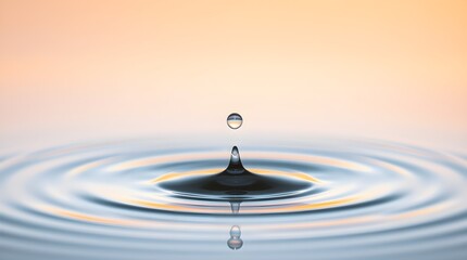 stock photo Water droplet falls, creating ripples on calm water. Warm golden background with pastel colors