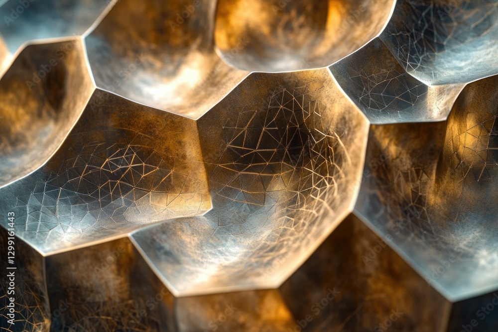 Poster abstract bronze sculpture with geometric, faceted shapes and a textured surface, illuminated with wa